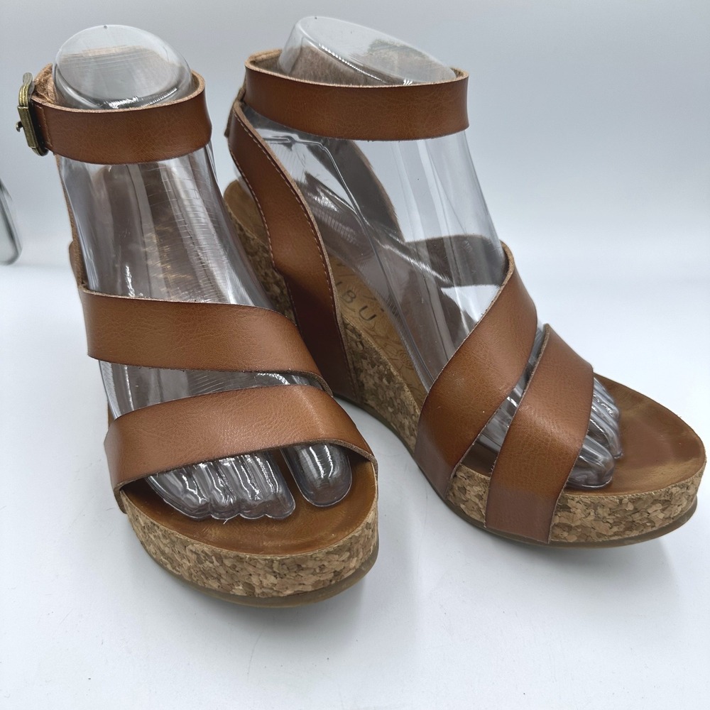 Blowfish Malibu Hecta US 7 Brown Strappy Cork Platform Wedge Sandals Ankle Strap